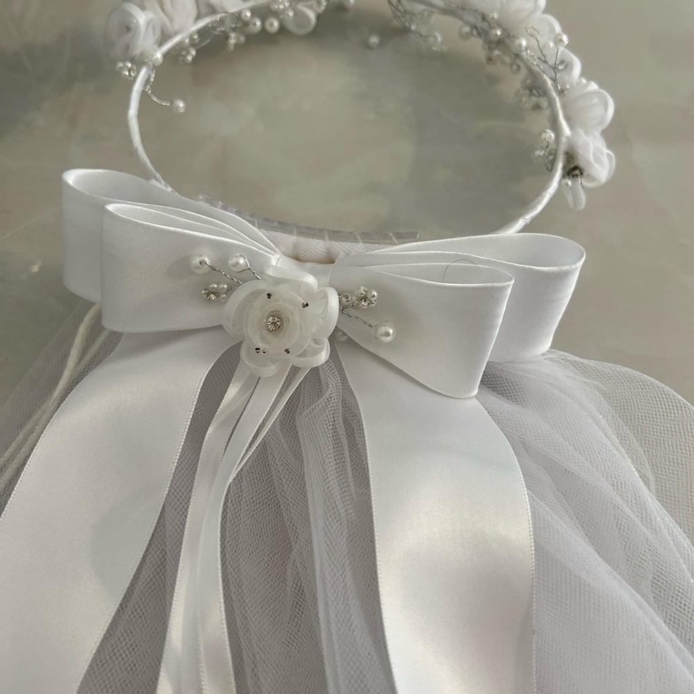 First Communion Flower Girl Elegant White Bow Headband with Floral Accents